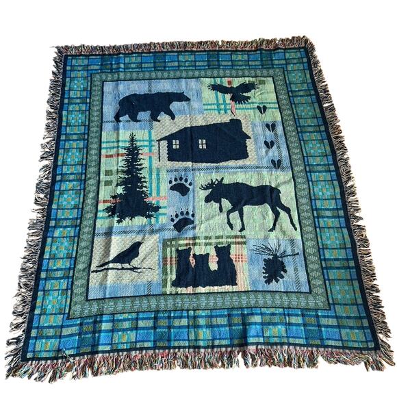 Woodworkers & Weavers Bear Lodge tapestry throw blanket bear moose trees cabin